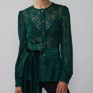 CLEARANCE All-Over Lace Velvet Tie Waist Blouse